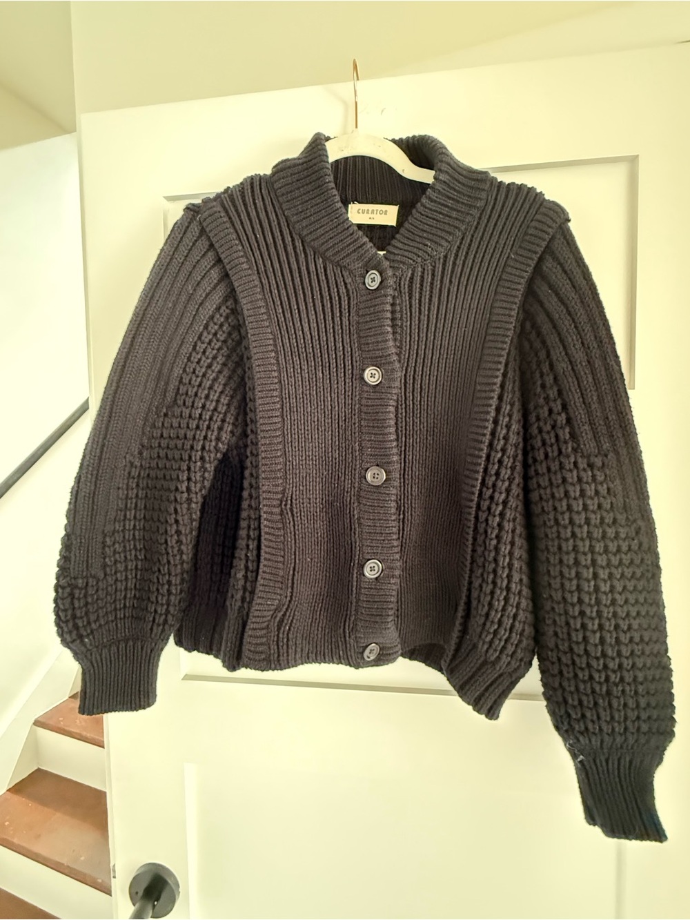 Curator Sara Black Rib & Chunky Knit Button Cardigan
